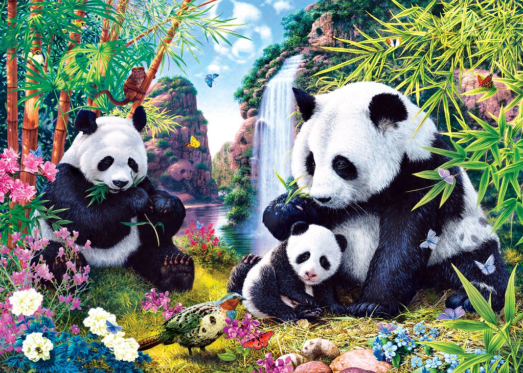 Diamond Painting Panda's bij Waterval met Ronde steentjes 70x100cm - Beste Kwaliteit