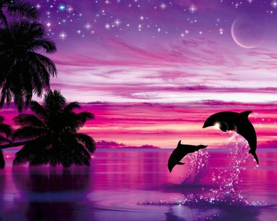 Diamond Painting Dolfijnen in de avond met Ronde steentjes 100x80cm - Beste Kwaliteit