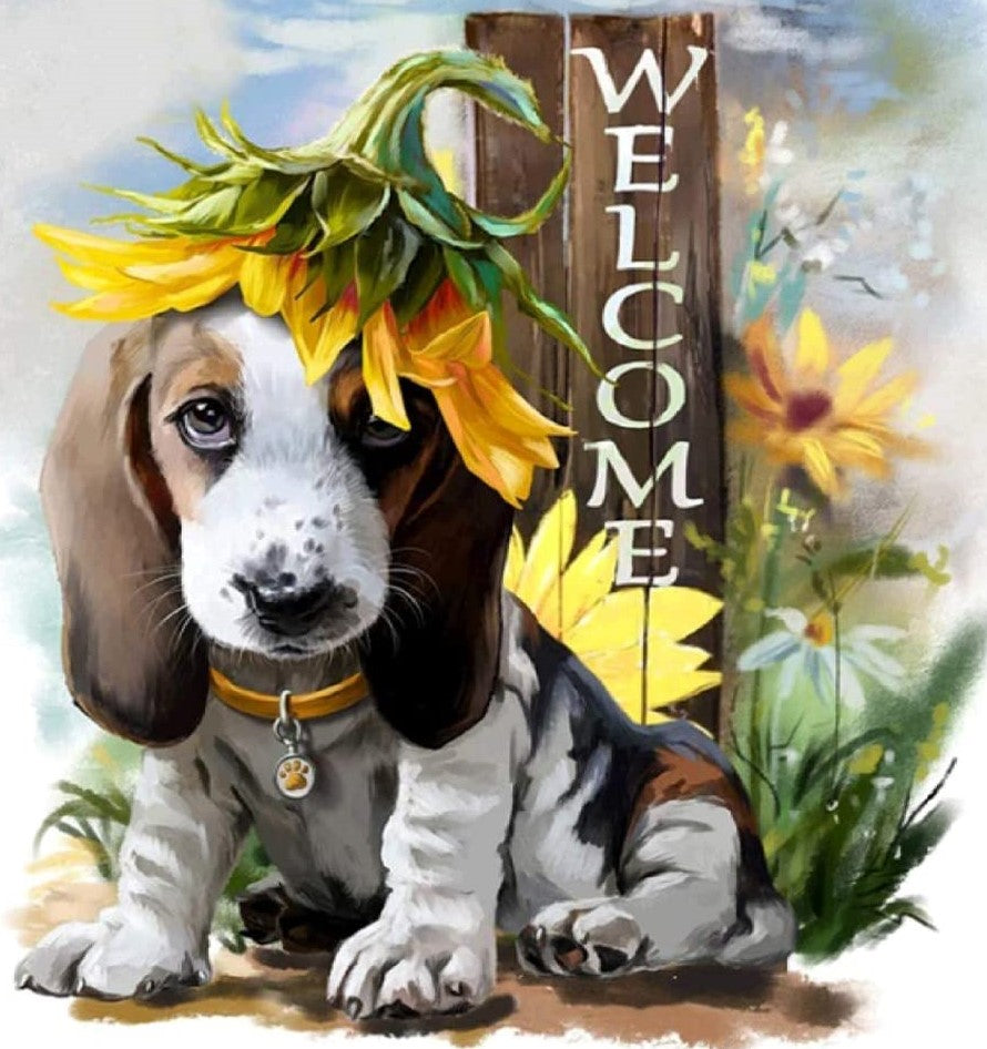Hond met Zonnebloem diamond painting ontwerp