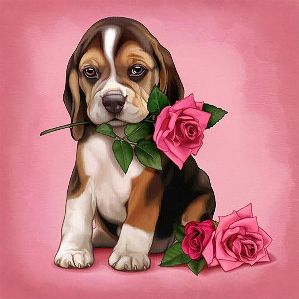 Hondje met roos in zijn bek diamond painting ontwerp