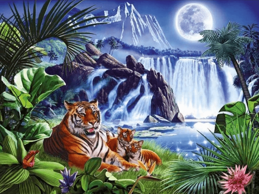 Tijgers bij de waterval diamond painting ontwerp