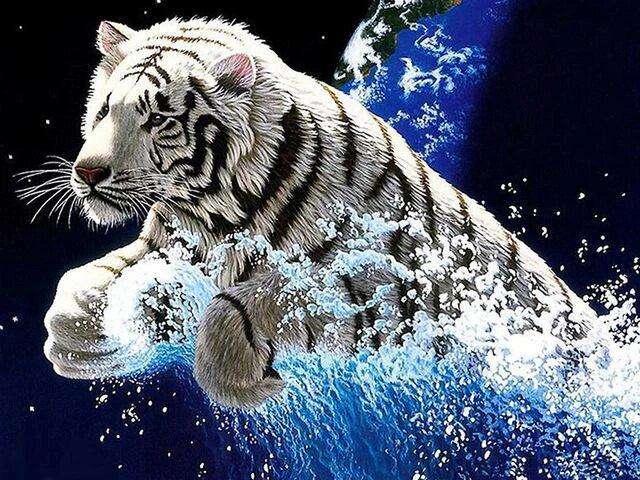 Witte tijger springt uit water diamond painting ontwerp