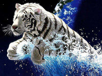 Thumbnail for Diamond Painting Witte tijger springt uit water met Ronde steentjes 80x100cm - Beste Kwaliteit