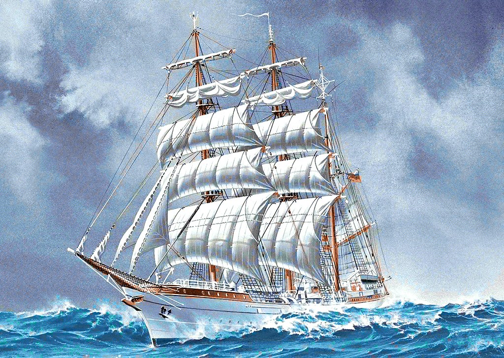 Diamond Painting Zeilschip op blauwe zee met Ronde steentjes 70x100cm - Beste Kwaliteit