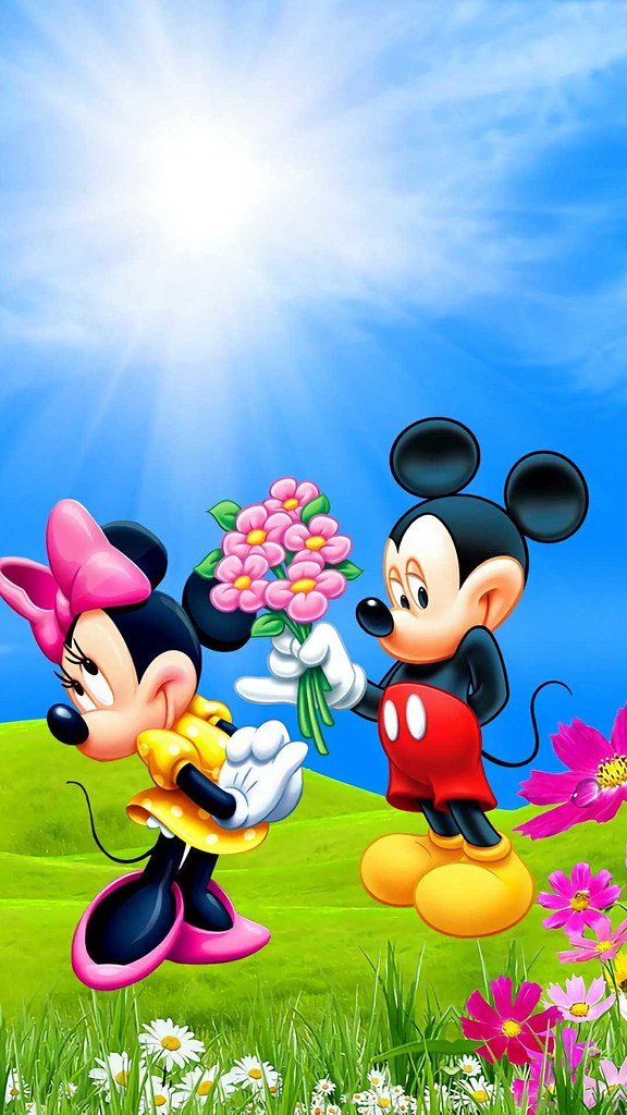 Diamond Painting Mickey geeft Minnie bloemen met Ronde steentjes 100x55cm - Beste Kwaliteit