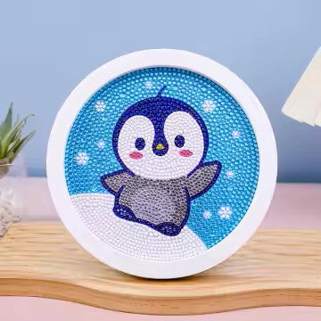 Diamond Painting Piguin op een ijsschots met Ronde steentjes 16x16cm