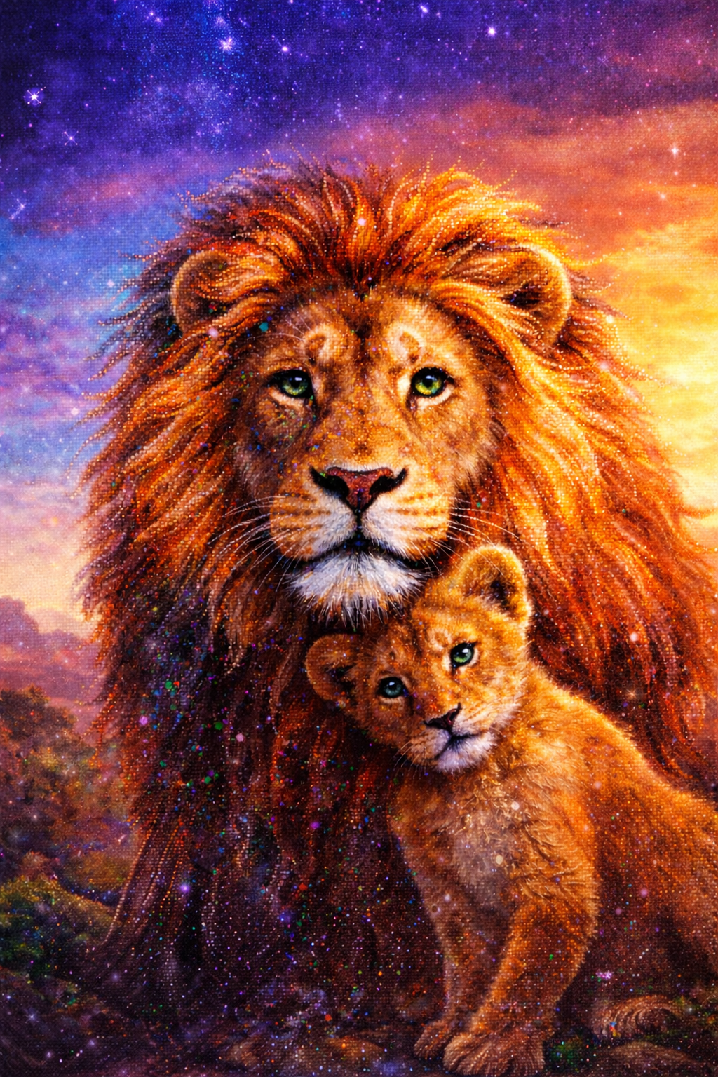 Diamond Painting Diamond Painting – Leeuw & Welp – Kracht en Verbinding – Morgen in Huis met Ronde steentjes 100x70cm - Groot & Meest indrukwekkend 🔥