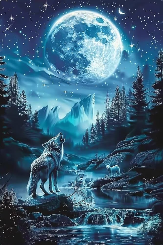 Diamond Painting diamond-painting-wolf-in-de-nacht met Ronde steentjes 100x70cm - Groot & Meest indrukwekkend 🔥