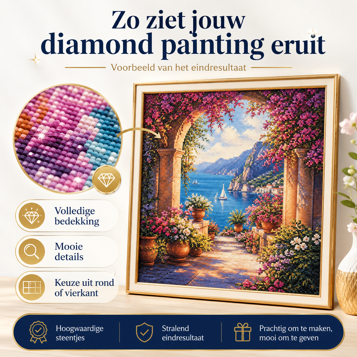 Voorbeeld van een diamond painting eindresultaat met volledige bedekking, mooie details en keuze uit ronde of vierkante steentjes