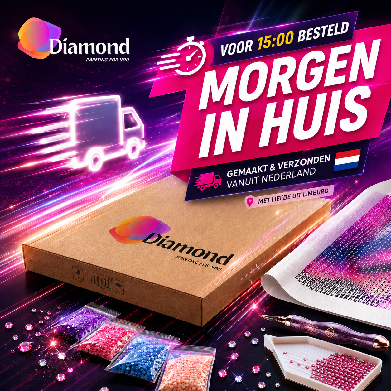 Diamond painting morgen in huis bij bestelling voor 15:00 vanuit Nederland