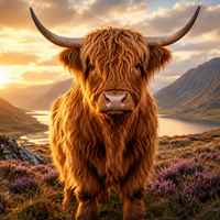 Thumbnail for Schotse Hooglander Zonsondergang diamond painting ontwerp