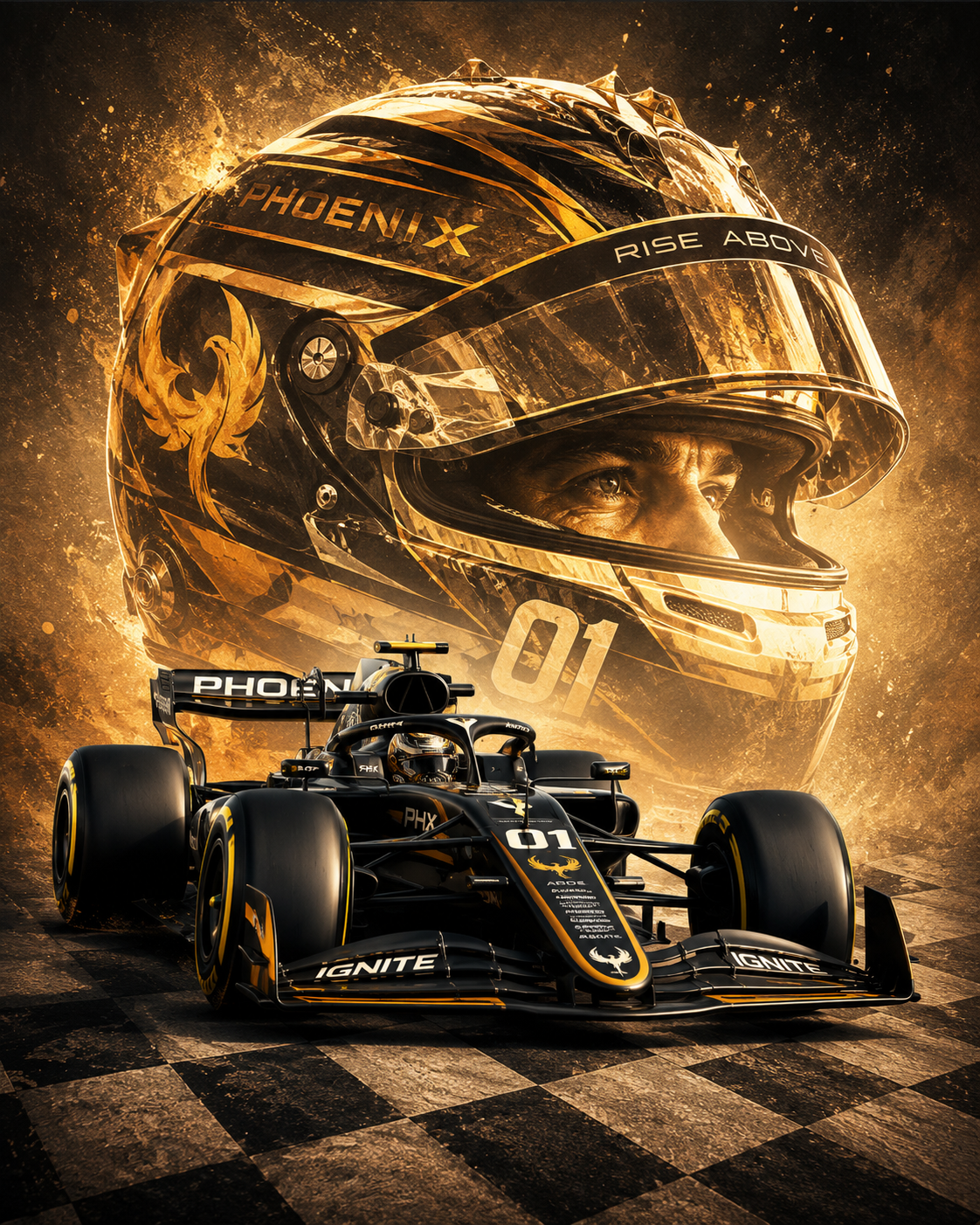 Gouden Racehelm Formule Auto diamond painting ontwerp
