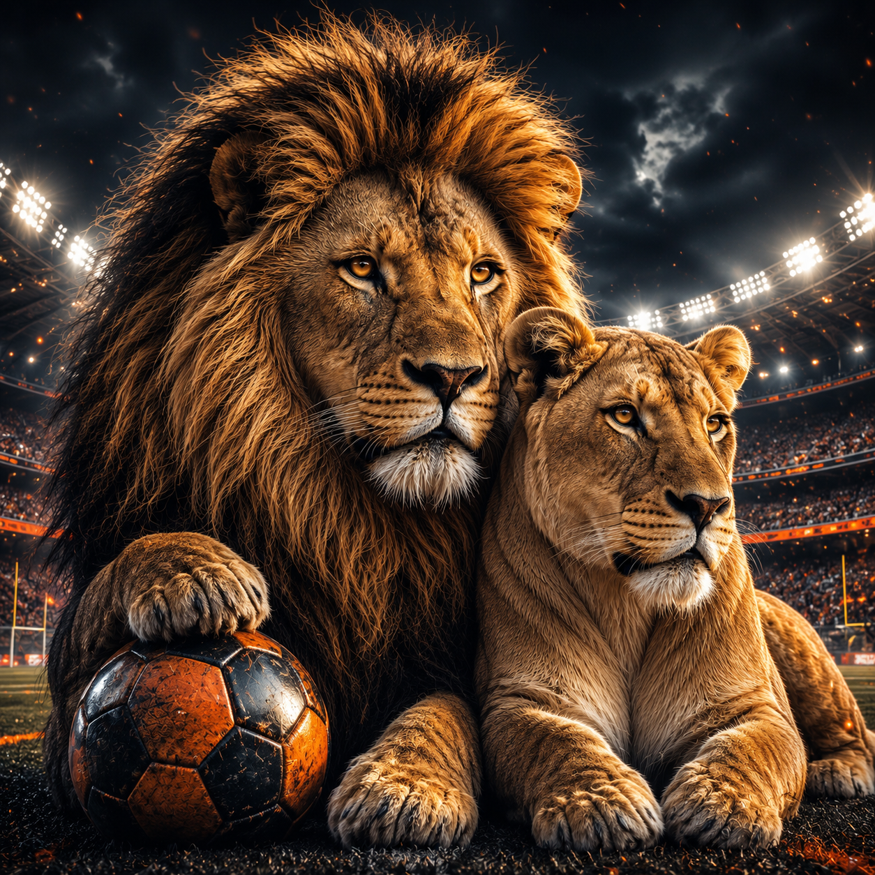 Oranje Leeuw en Leeuwin in Stadion diamond painting ontwerp