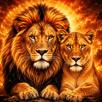 Thumbnail for Leeuw en Leeuwin Oranje Gloed diamond painting ontwerp