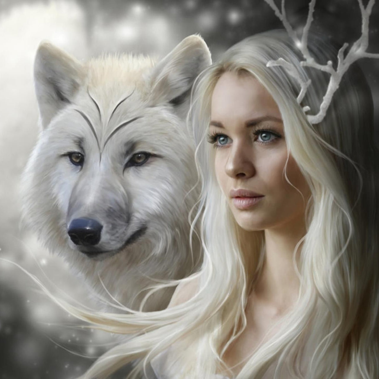 Witte Wolf met Blond Meisje diamond painting ontwerp
