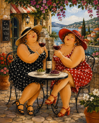 Thumbnail for Dikke Dames met wijn op terras diamond painting ontwerp