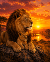 Thumbnail for Leeuw met welp in warme zonsondergang diamond painting ontwerp