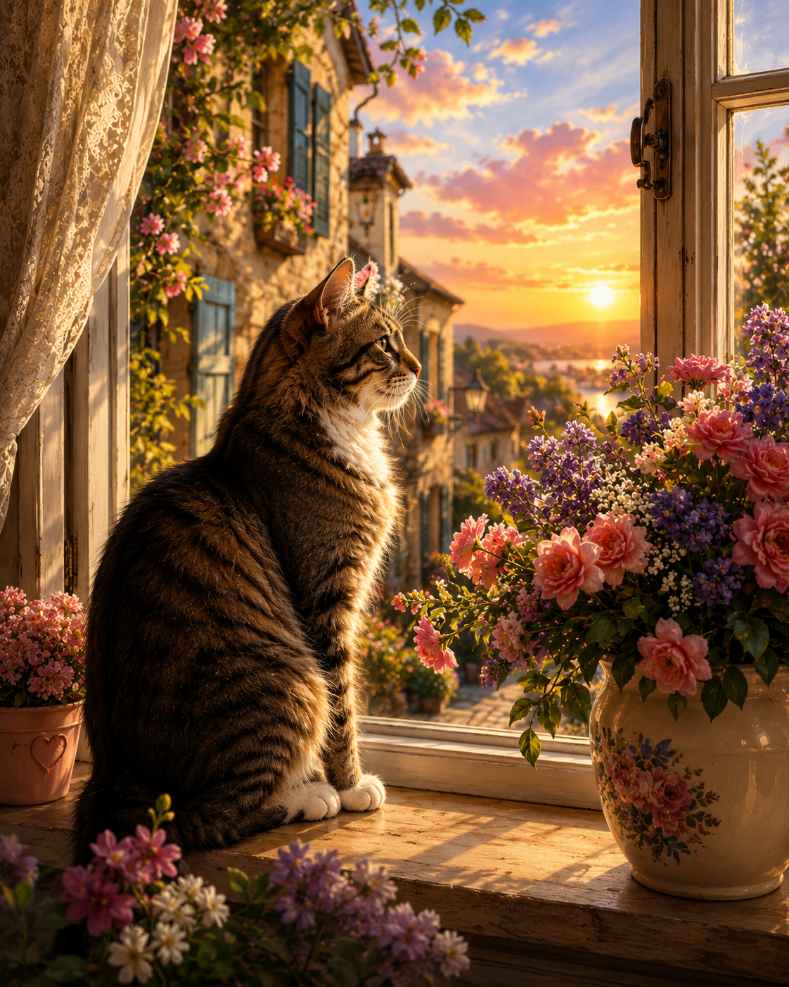 Kat bij raam met bloemen diamond painting ontwerp