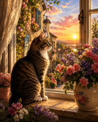 Thumbnail for Kat bij raam met bloemen diamond painting ontwerp
