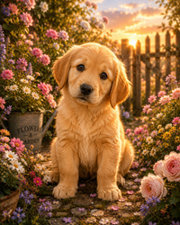 Thumbnail for Golden Retriever Pup met Bloemen diamond painting ontwerp