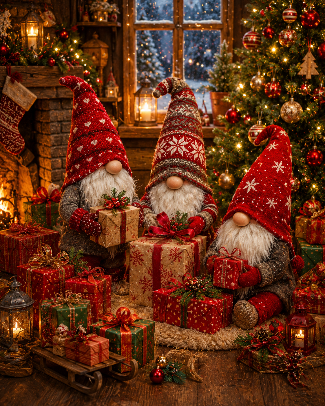 Kerstgnomen met Cadeaus diamond painting ontwerp