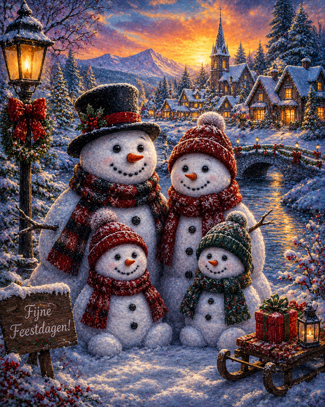 Sneeuwpopfamilie in Winterlandschap diamond painting ontwerp