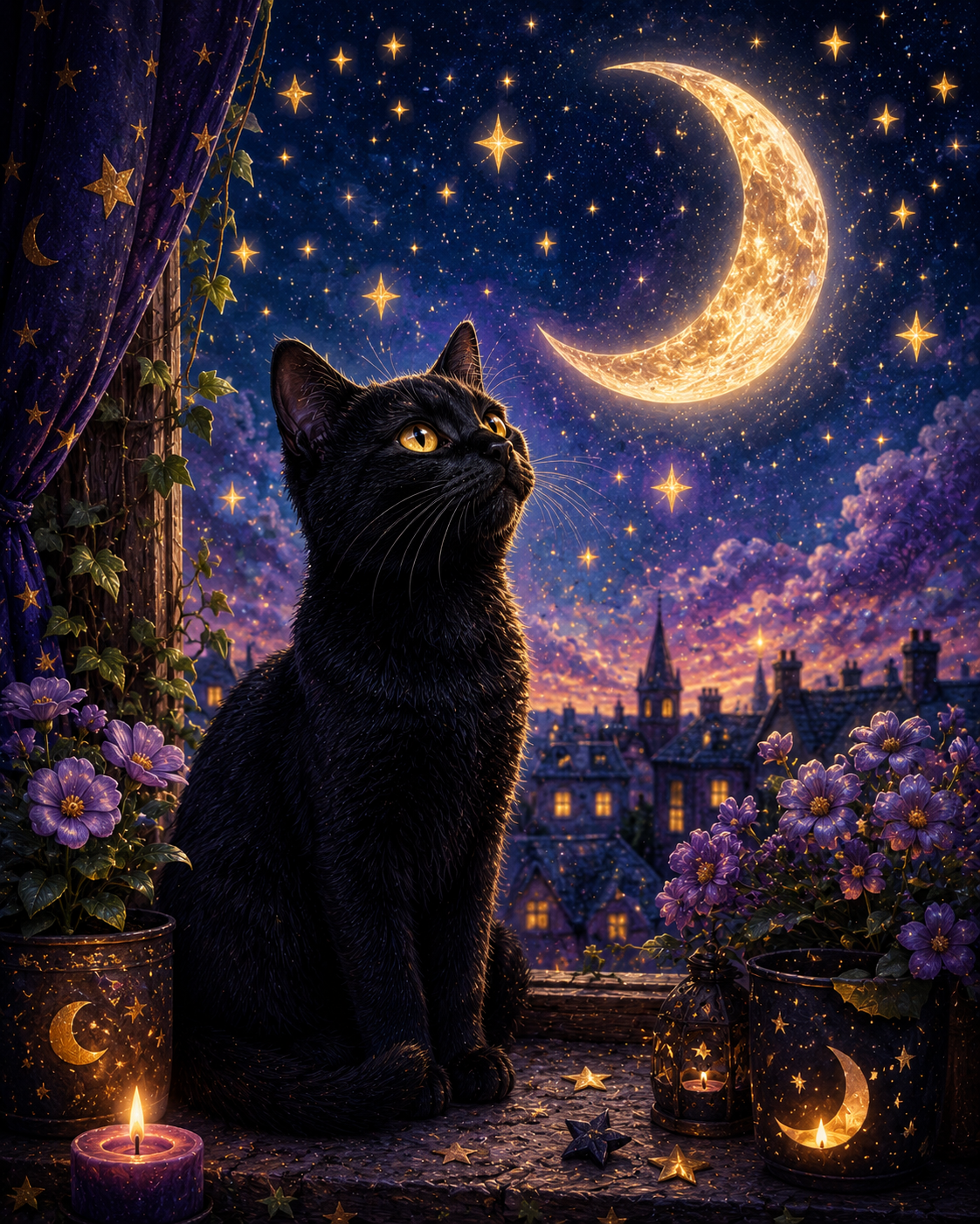 Zwarte Kat met Maan en Sterren diamond painting ontwerp