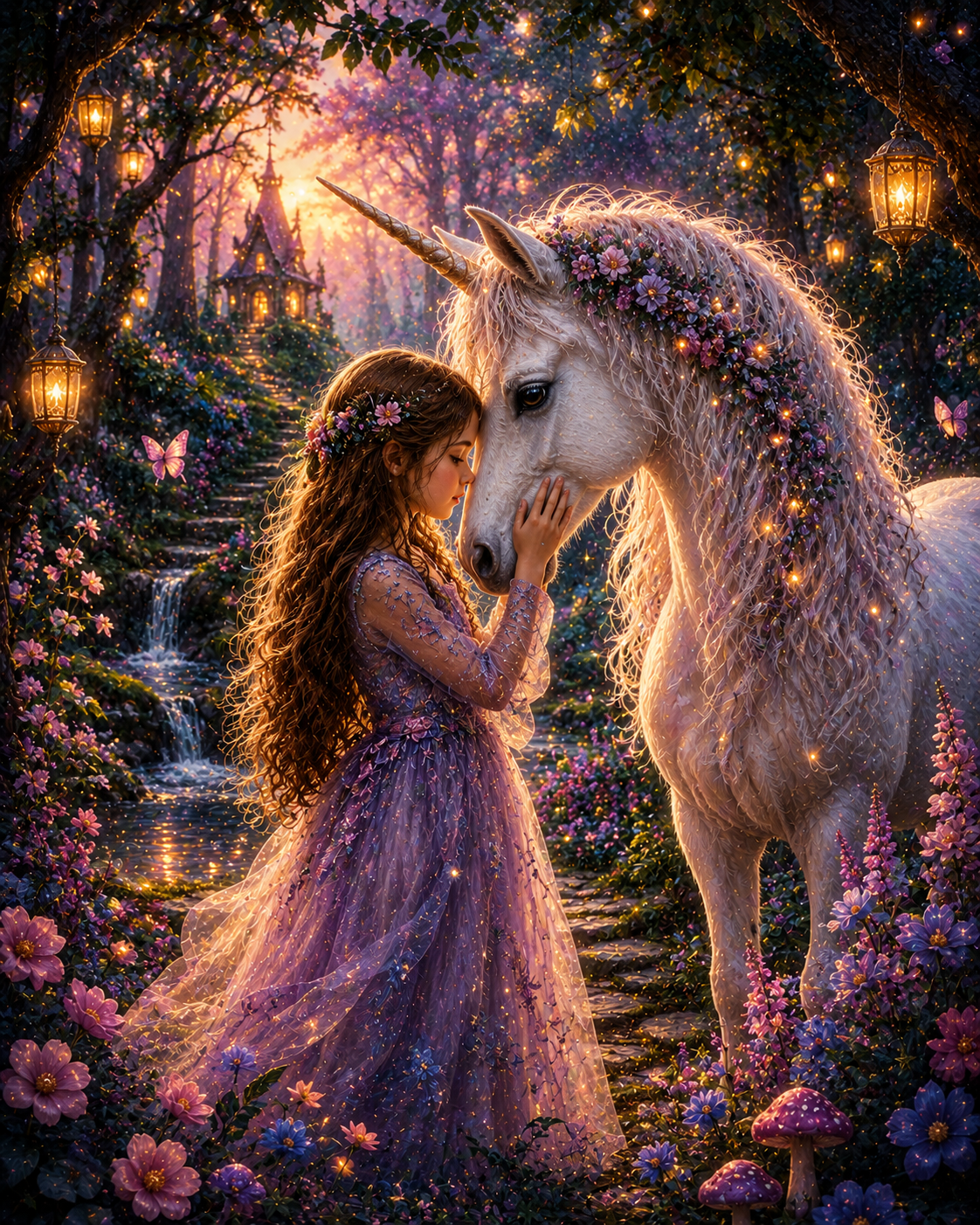 Meisje met Eenhoorn in Magisch Bos diamond painting ontwerp
