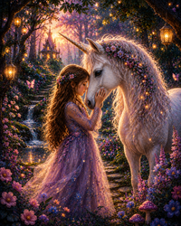 Thumbnail for Meisje met Eenhoorn in Magisch Bos diamond painting ontwerp
