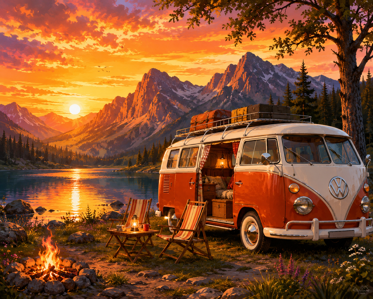 Retro camper bij bergmeer diamond painting ontwerp