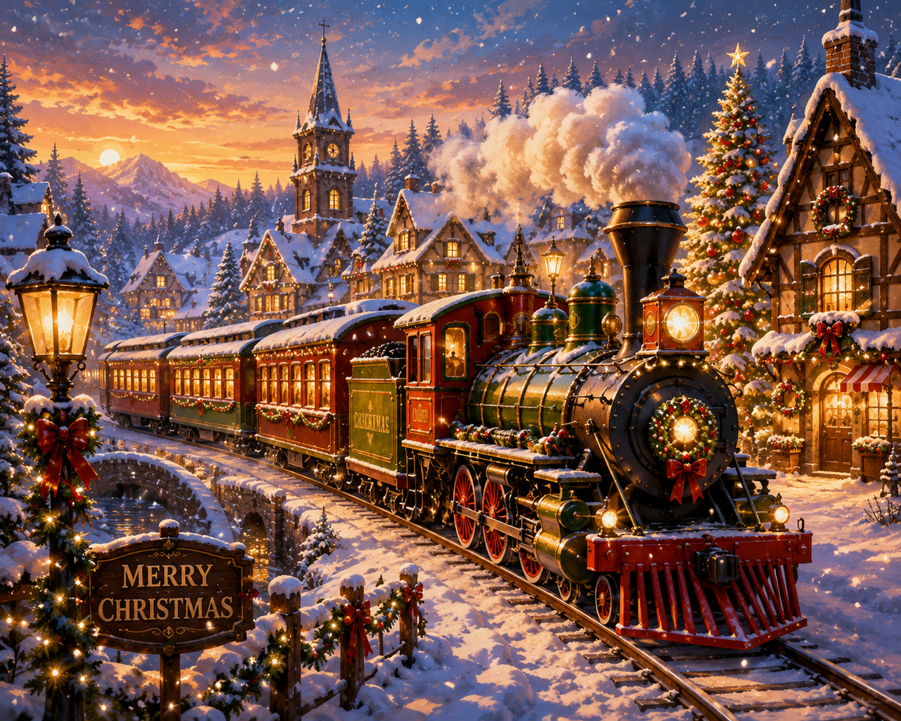Kersttrein door een besneeuwd dorp diamond painting ontwerp