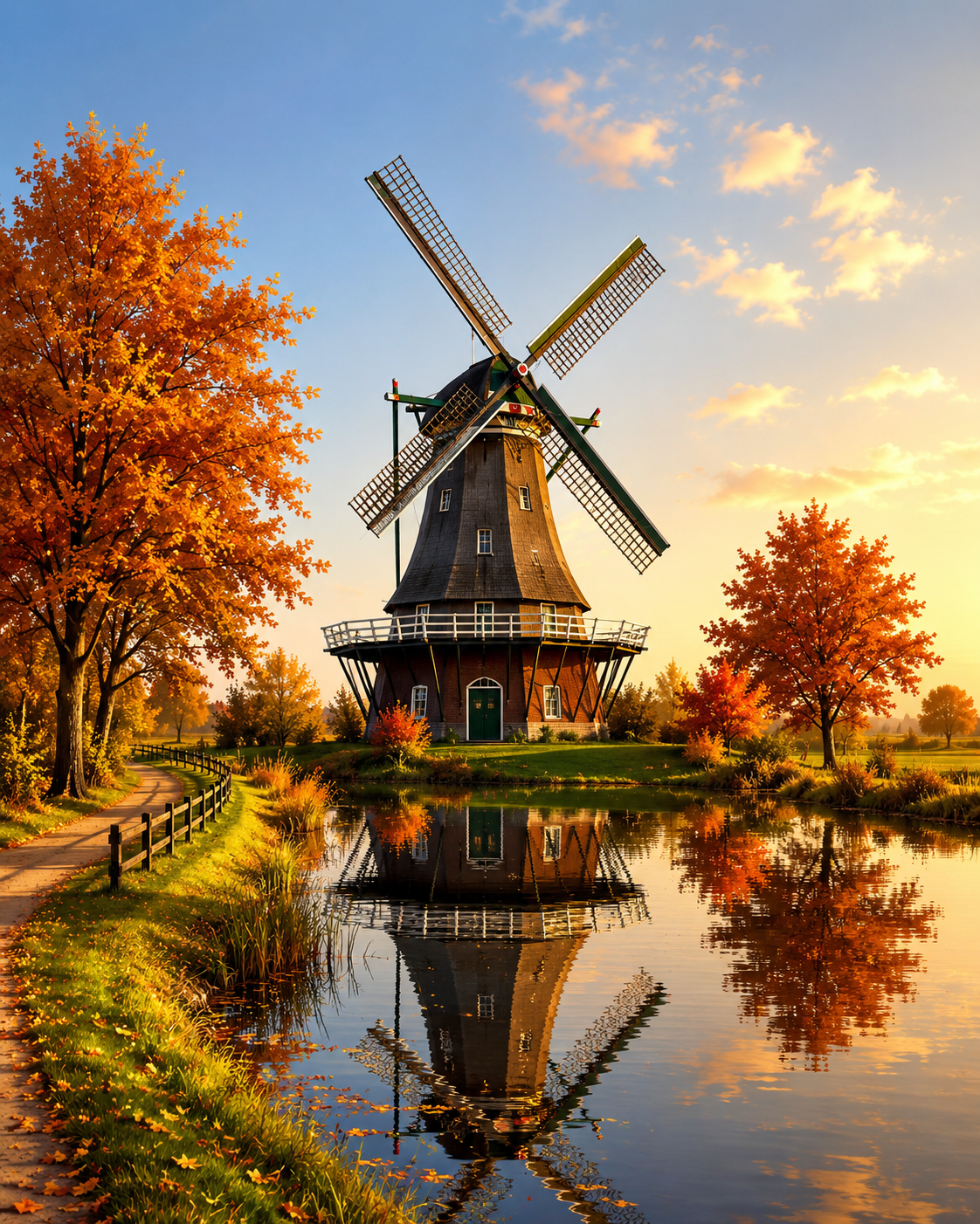 Hollandse Molen aan Water in Herfstlicht diamond painting ontwerp