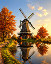 Thumbnail for Hollandse Molen aan Water in Herfstlicht diamond painting ontwerp