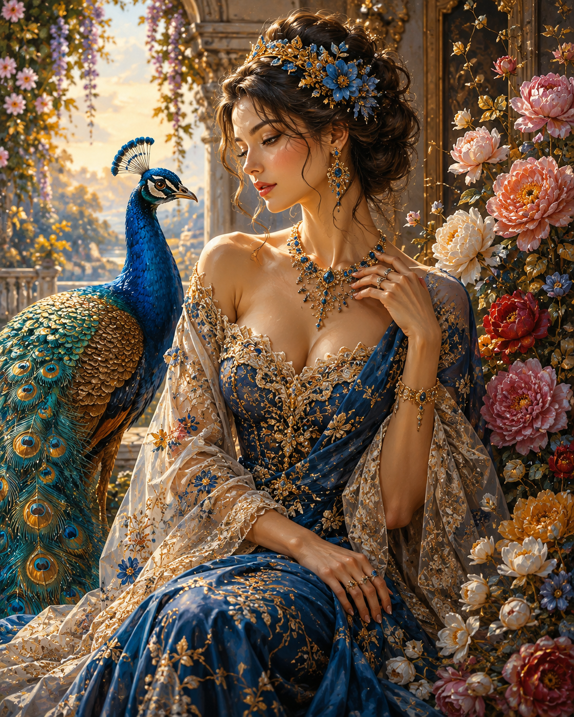 Elegante Vrouw met Pauw en Bloemen diamond painting ontwerp