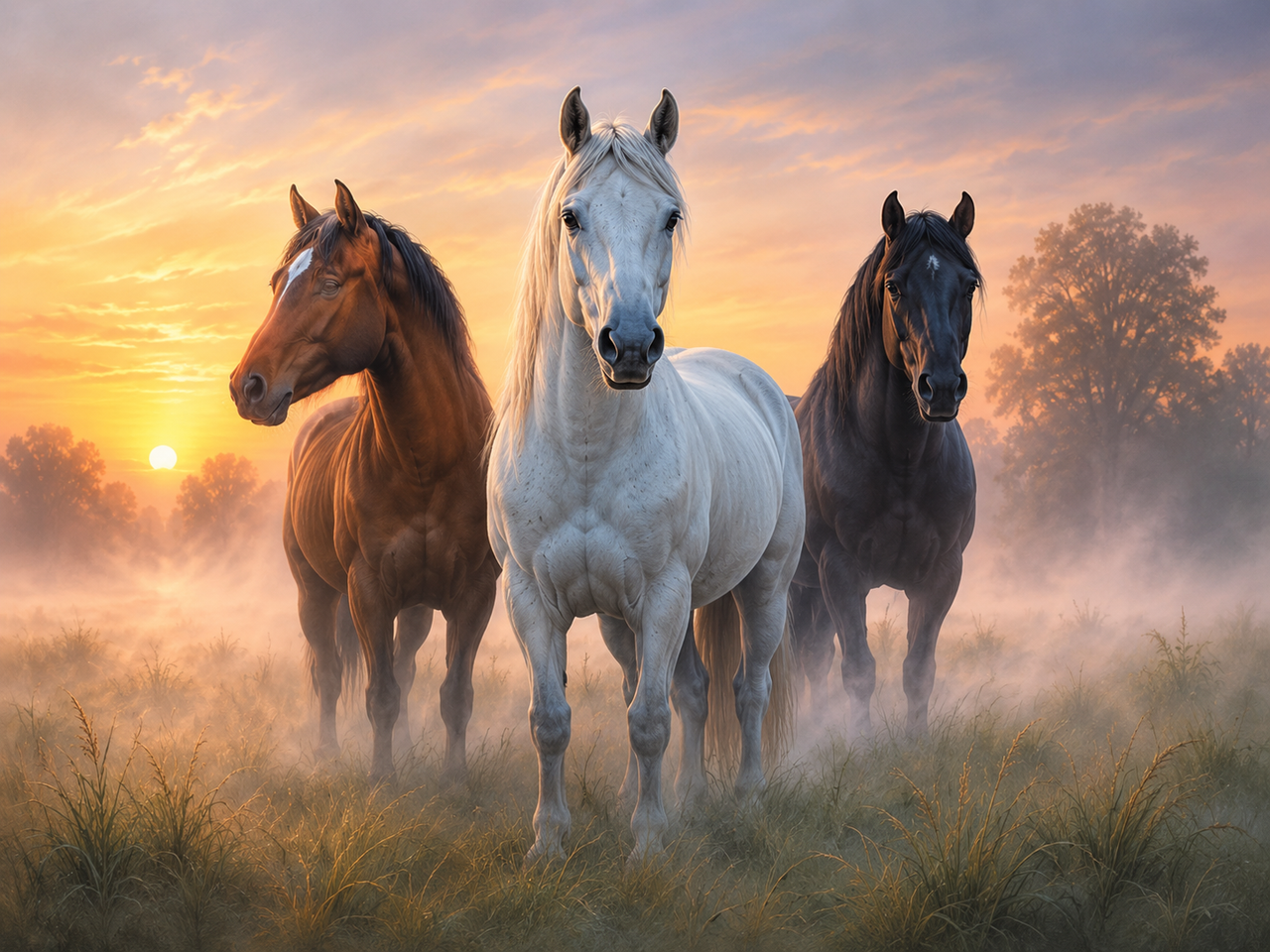 Paarden in Ochtendmist diamond painting ontwerp