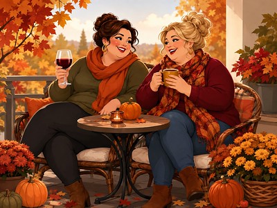Dikke Dames op Herfstterras diamond painting ontwerp