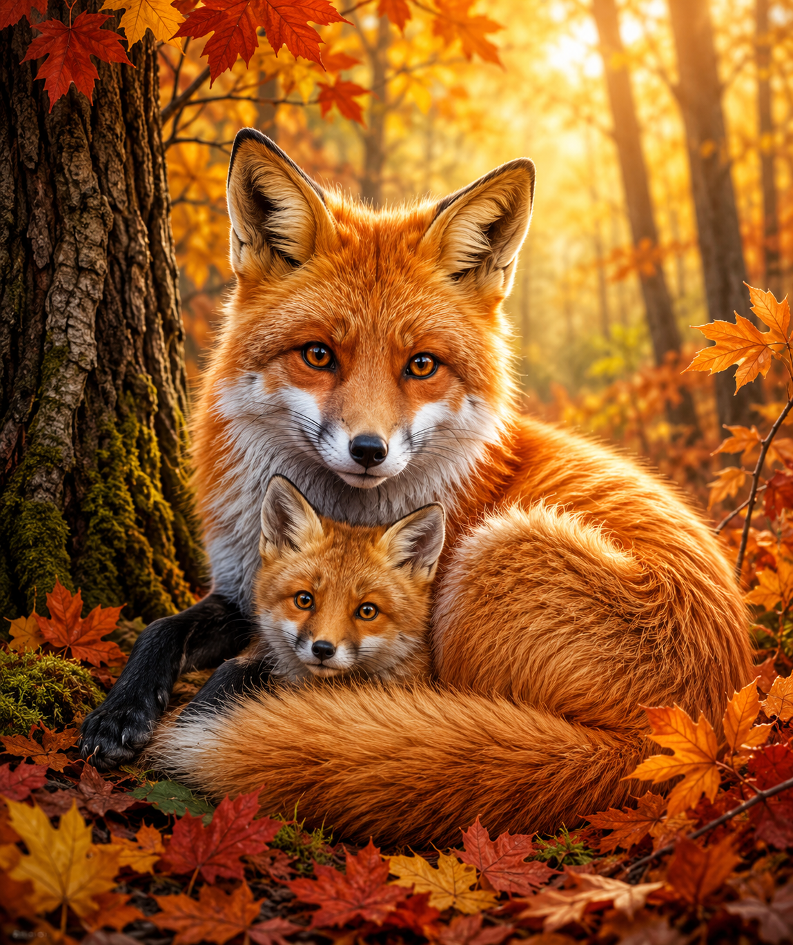 Vos met Welp in Herfstbos diamond painting ontwerp