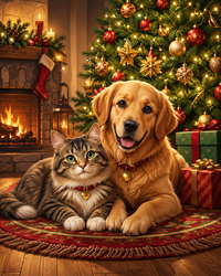 Thumbnail for Kat en Hond bij Kerstboom diamond painting ontwerp