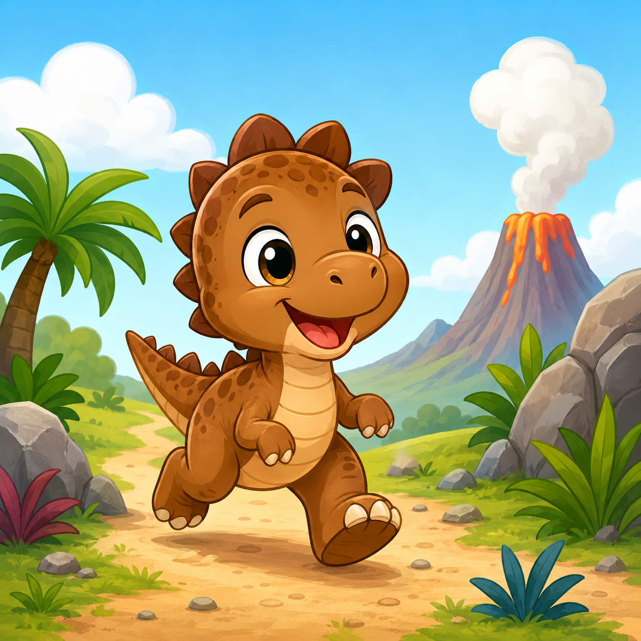 Vrolijke Bruine Dino op Avontuur diamond painting ontwerp