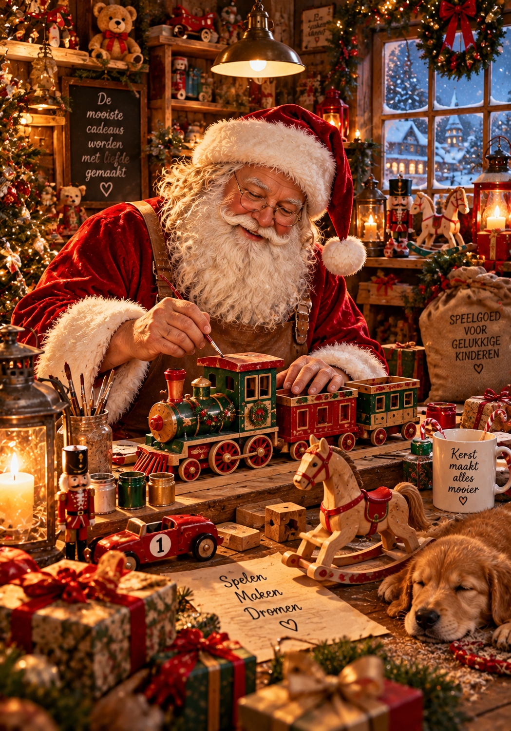 Kerstman in speelgoedwerkplaats diamond painting ontwerp