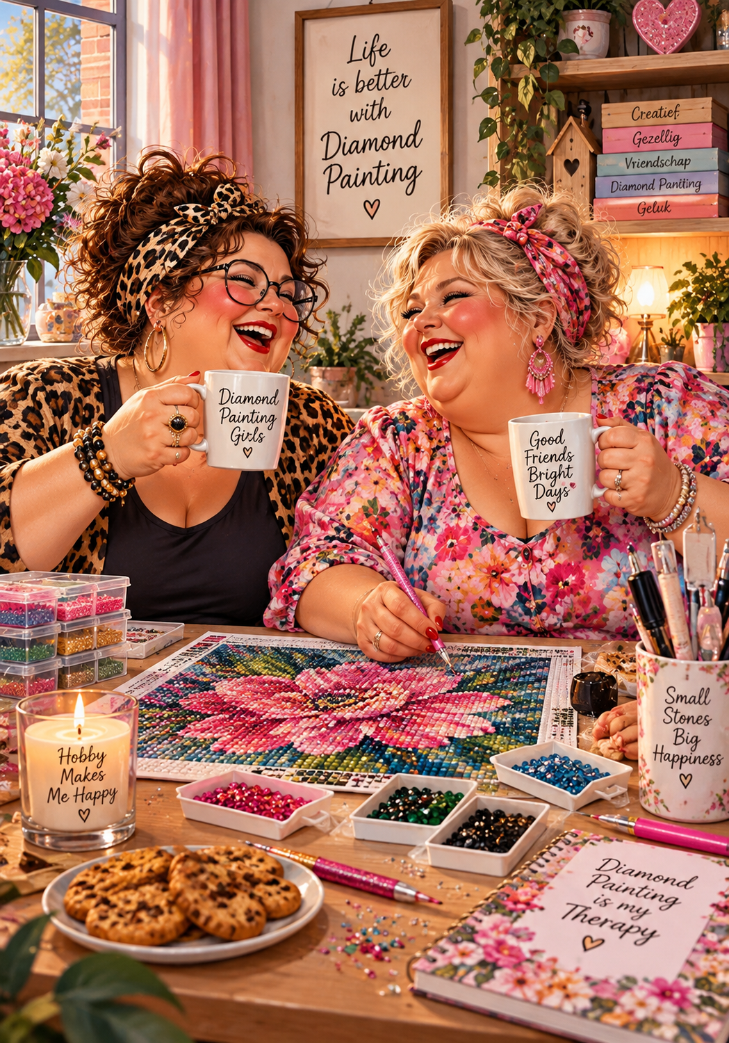 Dikke Dames aan de hobbytafel diamond painting ontwerp