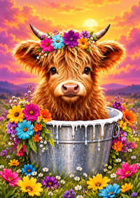 Thumbnail for Schotse Hooglander in Bloemenbad diamond painting ontwerp