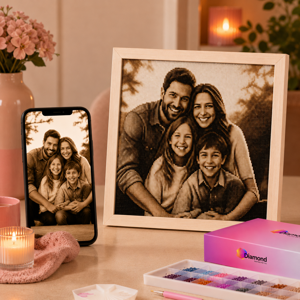 Sepia diamond painting van eigen foto met familiefoto in lijst