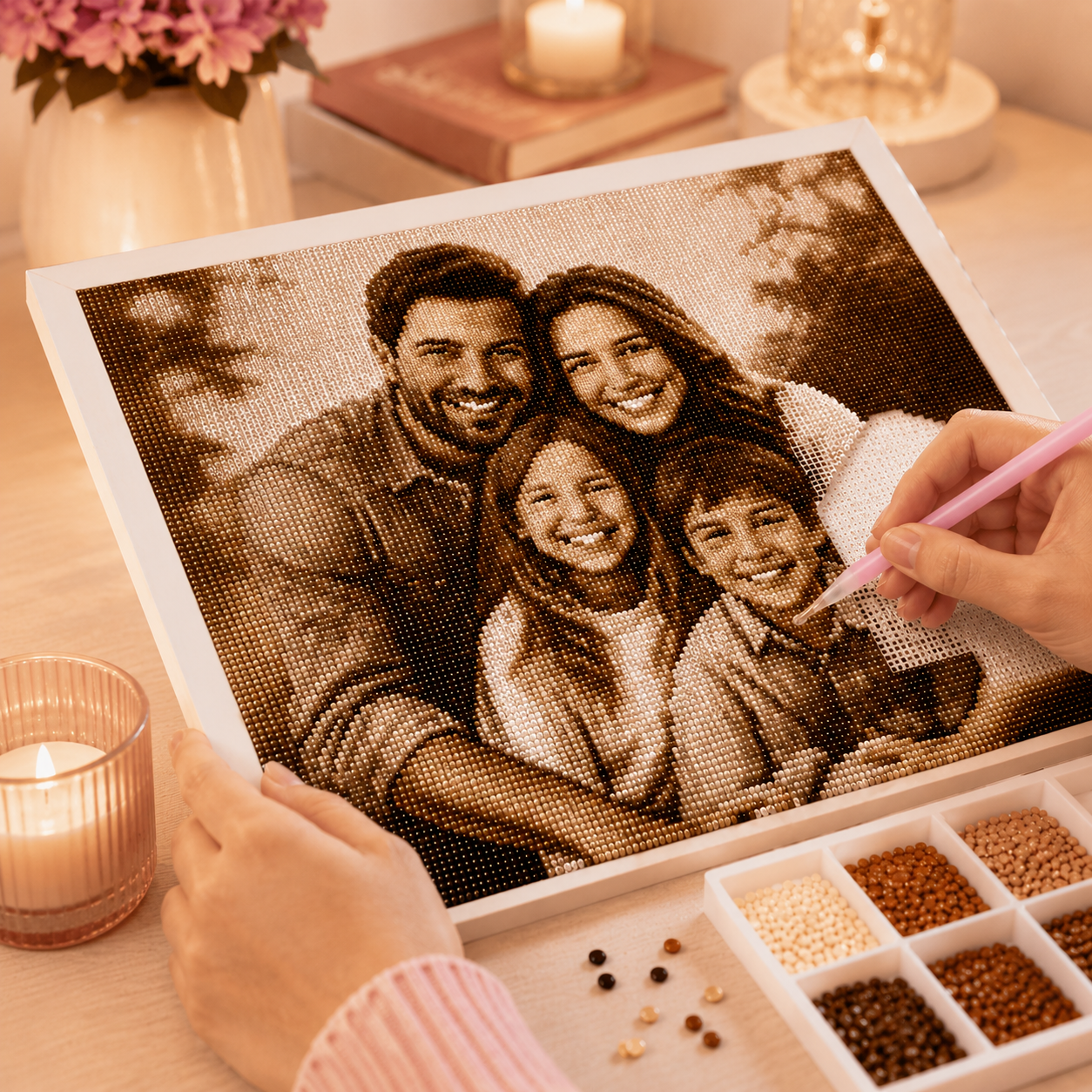 Close-up van sepia diamond painting eigen foto met steentjes en pen