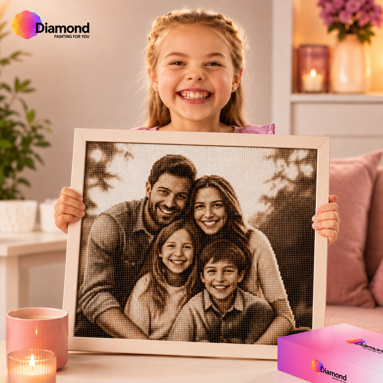 Kind met ingelijste sepia diamond painting van eigen foto