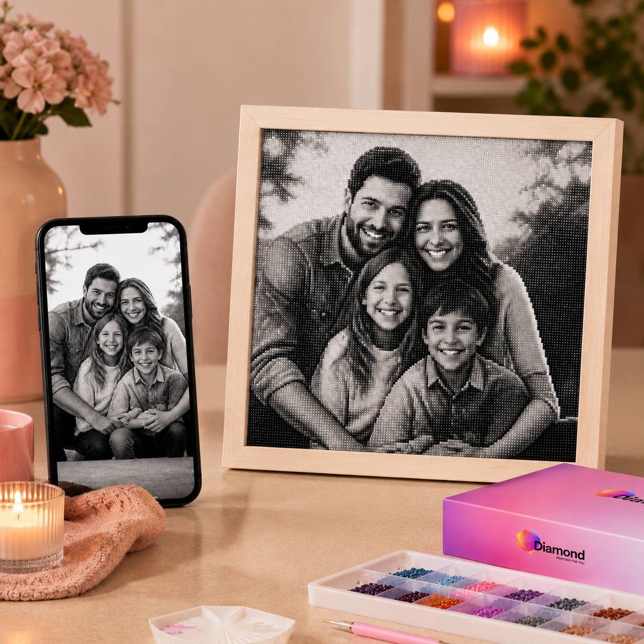 Zwart wit diamond painting van eigen foto met familiefoto in lijst