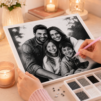 Thumbnail for Close-up van zwart wit diamond painting eigen foto met steentjes en pen