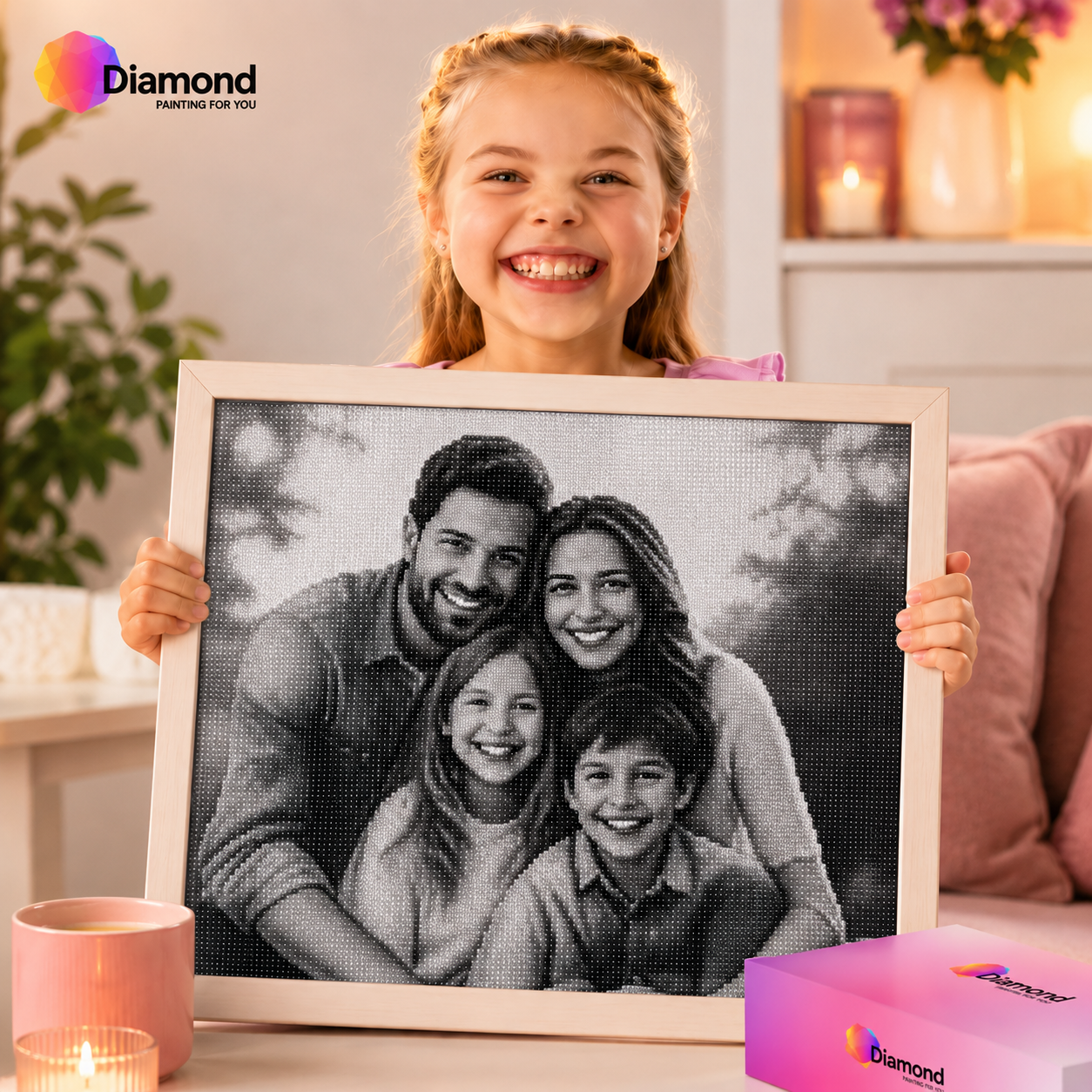 Kind met ingelijste zwart wit diamond painting van eigen foto