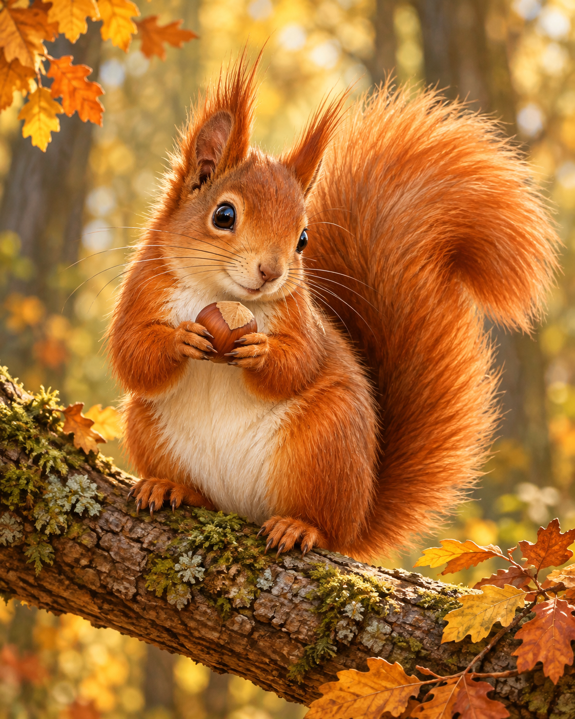 Een rode eekhoorn met een hazelnoot tussen herfstbladeren.