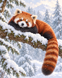 Thumbnail for Een rode panda op een met sneeuw bedekte tak.
